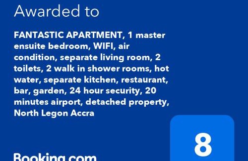 North Legon Apartment | FANTASTIC APARTMENT, TRAVELER AWARD WINNER 2024, 1 ensuite bedroom, WIFI, air condition, separate living room, 2 toilets, 2 walk in shower rooms, hot water, separate kitchen, restaurant, bar, garden, 24 hour security, 20 minutes airport, North Legon Accra